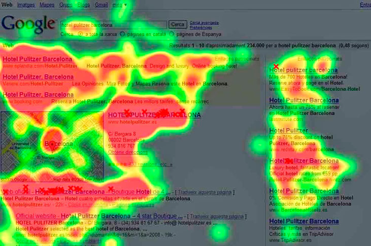 Mapa de calor de la intensidad del ojo humano cuando mira una web - Eyetrack III
